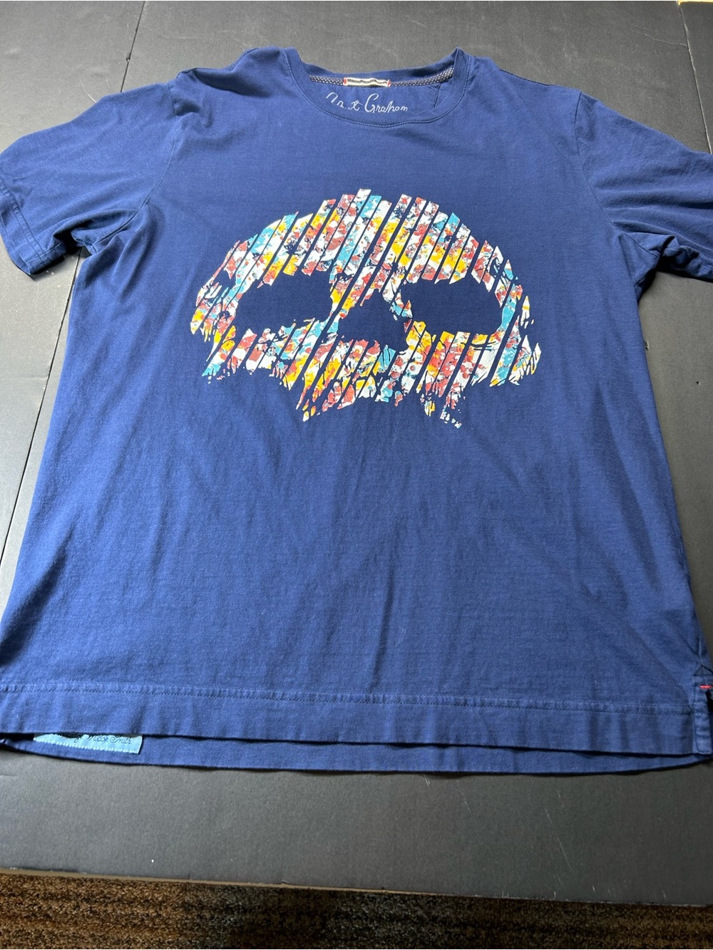 Robert Graham Navy Short-Sleeve Tee with Multicolor Striped Skull